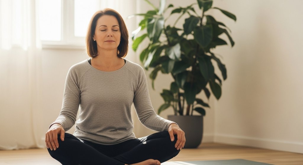 Eine Frau praktiziert in einem ruhigen Raum die yogische Atmung und wirkt entspannt.