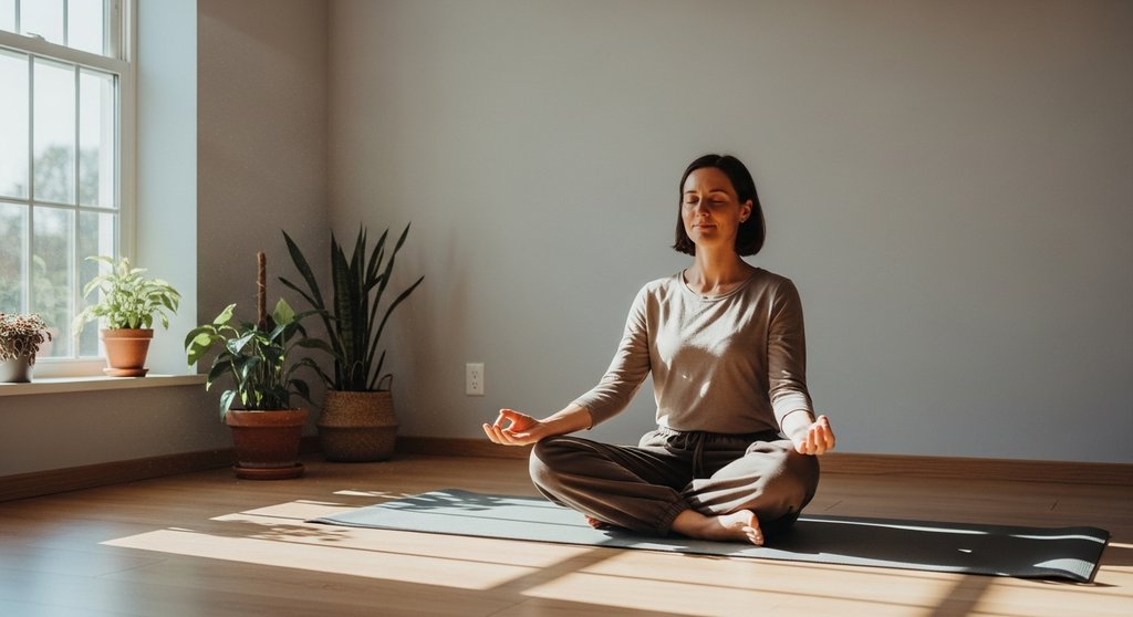 Eine Frau praktiziert in einem ruhigen Raum eine Atemlenkung-Übung zur Entspannung.