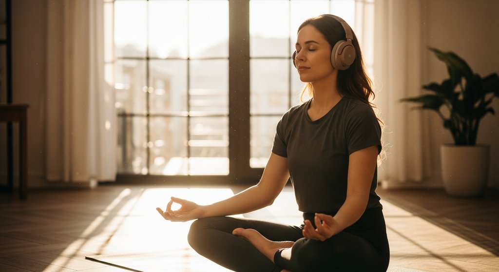 Eine Frau praktiziert in Ruhe Yoga mit Kopfhörern und der passenden Yoga Musik. Eine Frau praktiziert in Ruhe Yoga mit Kopfhörern und der passenden Yoga Musik.