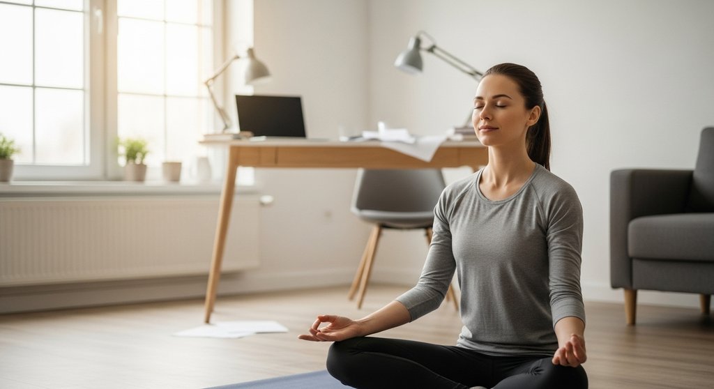 Eine Frau praktiziert MBSR-Meditation zu Hause und findet innere Ruhe.