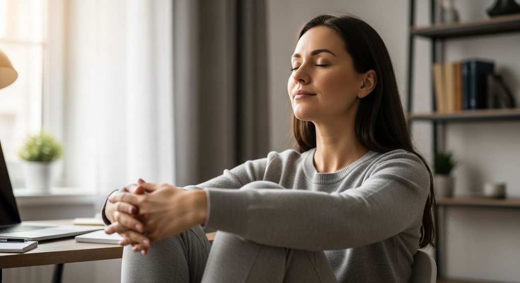 Eine Frau praktiziert Meditation bei Stress am Arbeitsplatz für mehr Gelassenheit.