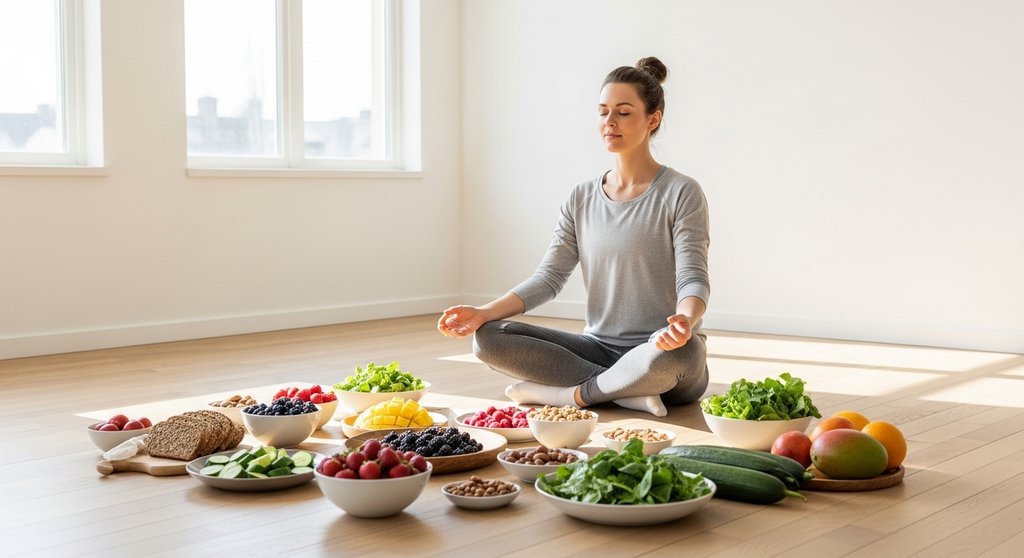 Eine Frau praktiziert Meditation, umgeben von Lebensmitteln für eine yogische Ernährung.