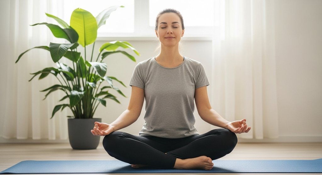 Eine Frau praktiziert Pranayama-Atemübungen im Yoga für mehr Gelassenheit.