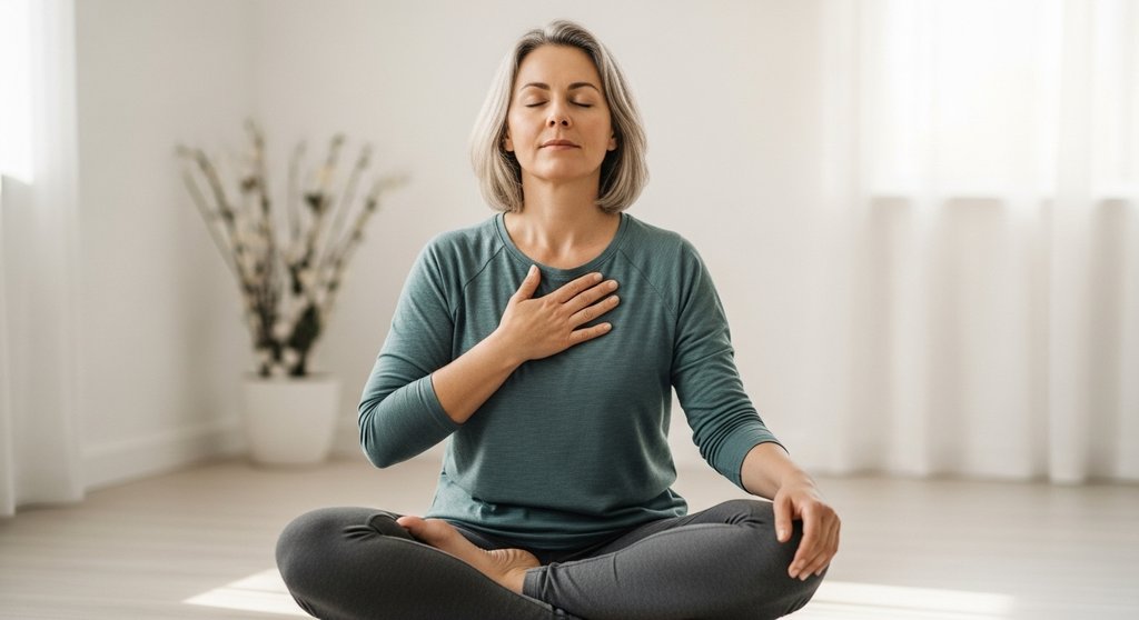 Eine Frau praktiziert Pranayama-Atemübungen zur Senkung von Bluthochdruck. Eine Frau praktiziert Pranayama-Atemübungen zur Senkung von Bluthochdruck.