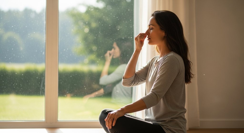 Eine Frau praktiziert Pranayama in einem hellen Raum und demonstriert die yogische Atemtechnik für innere Ruhe.