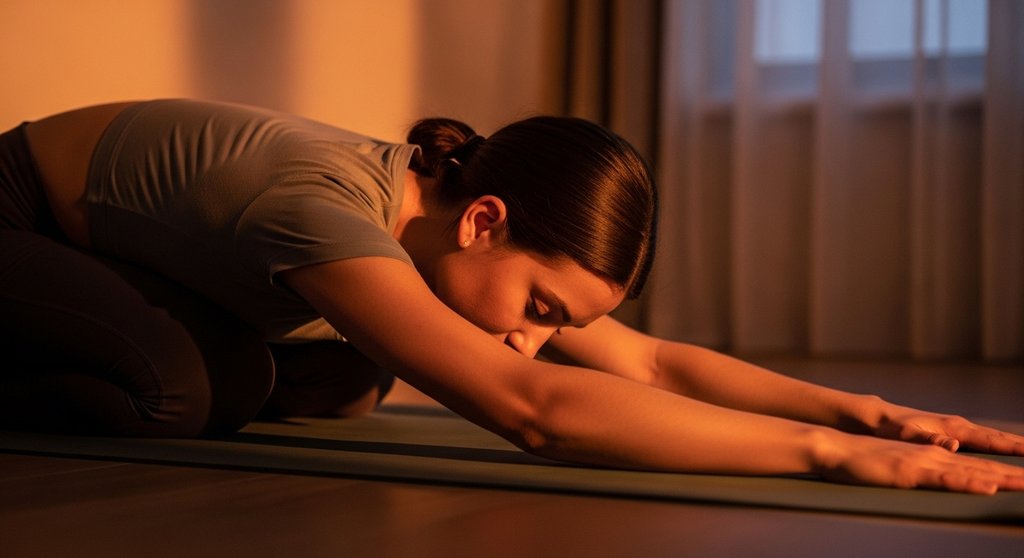 Eine Frau praktiziert sanftes Yoga bei Schlafstörungen in einem ruhigen Schlafzimmer.
