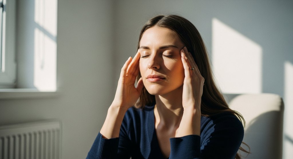 Eine Frau praktiziert sanftes Yoga gegen Kopfschmerzen und findet Entspannung.
