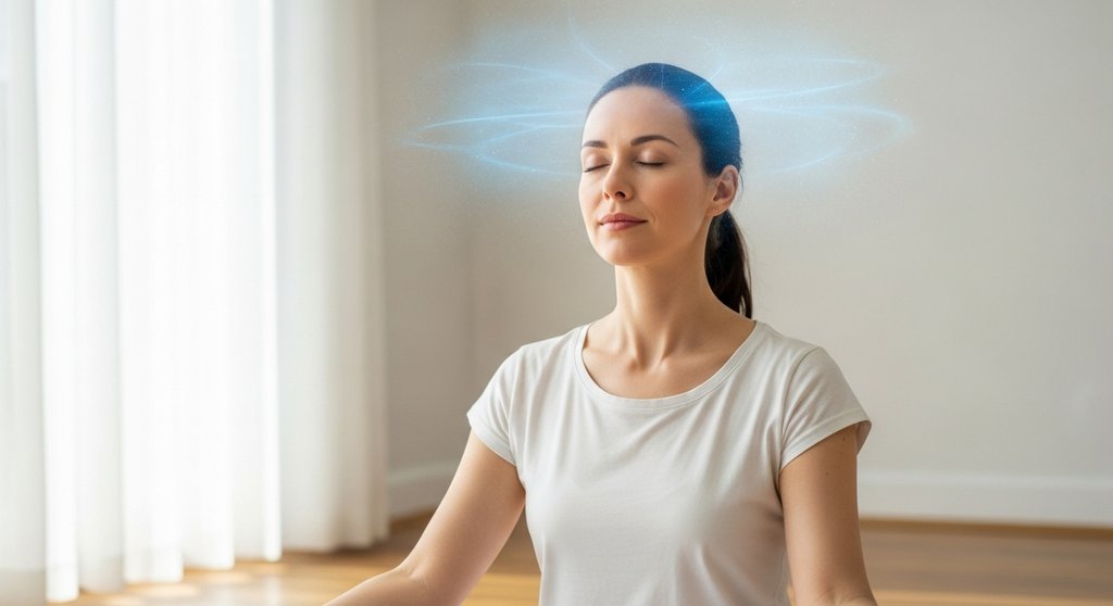 Eine Frau praktiziert Sitkari Pranayama zur Abkühlung und Entspannung.