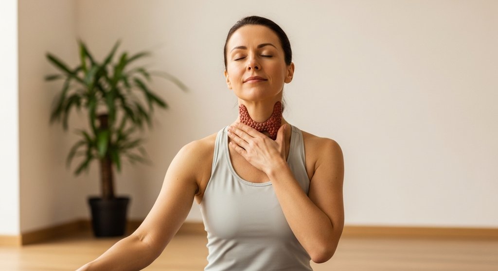 Eine Frau praktiziert Ujjayi Atmung für ihre Schilddrüse und zeigt damit die positive Wirkung von Yoga. Eine Frau praktiziert Ujjayi Atmung für ihre Schilddrüse und zeigt damit die positive Wirkung von Yoga.