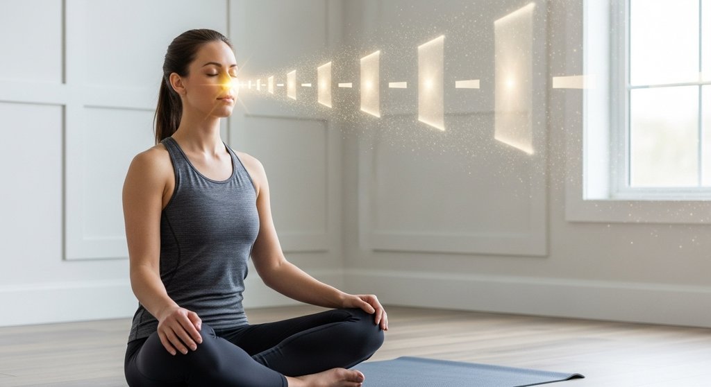 Eine Frau praktiziert Viloma Pranayama zur Beruhigung und Fokussierung.