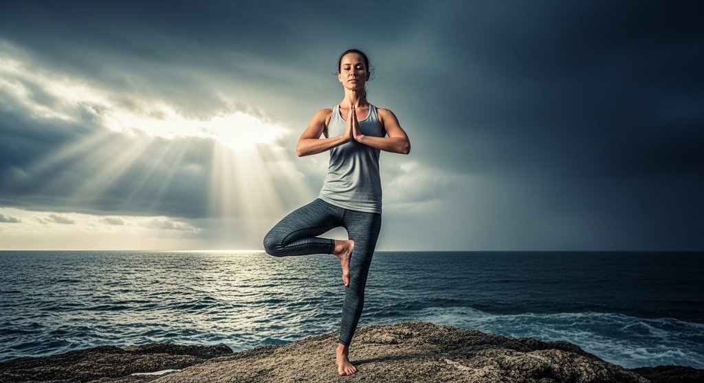 Eine Frau praktiziert Yoga am stürmischen Meer als Symbol für Resilienz und innere Stärke.