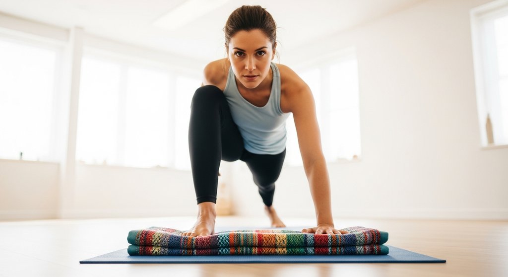 Eine Frau praktiziert Yoga auf einem rutschfesten Yoga Handtuch für mehr Stabilität