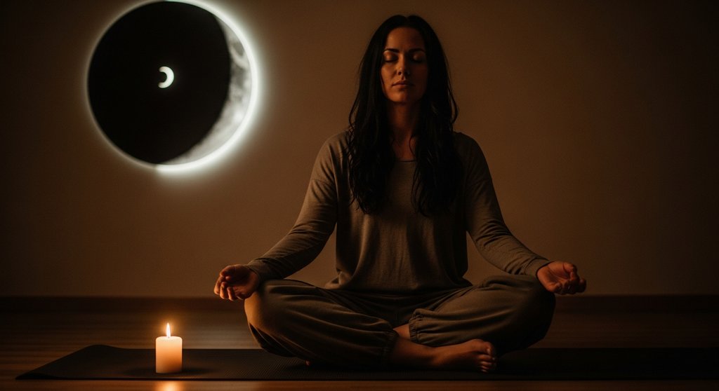 Eine Frau praktiziert Yoga bei Neumond, um neue Intentionen zu setzen und Klarheit zu finden. Eine Frau praktiziert Yoga bei Neumond, um neue Intentionen zu setzen und Klarheit zu finden.