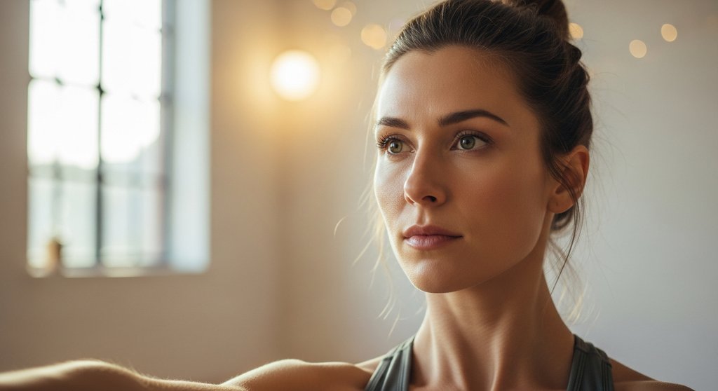 Eine Frau praktiziert Yoga mit fokussiertem Blick (Drishti) für mehr Konzentration.