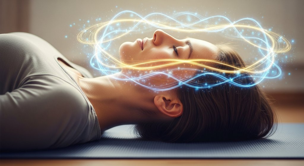 Eine Frau praktiziert Yoga Nidra und erreicht einen Zustand tiefer Entspannung. Eine Frau praktiziert Yoga Nidra und erreicht einen Zustand tiefer Entspannung.