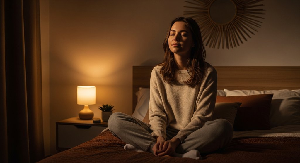 Eine Frau praktiziert Yoga zum Einschlafen entspannt auf ihrem Bett.