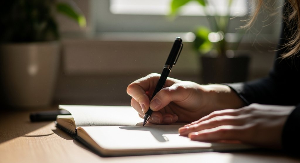 Eine Frau schreibt morgens in ihr Dankbarkeitstagebuch, um ihre Gedanken zu ordnen.