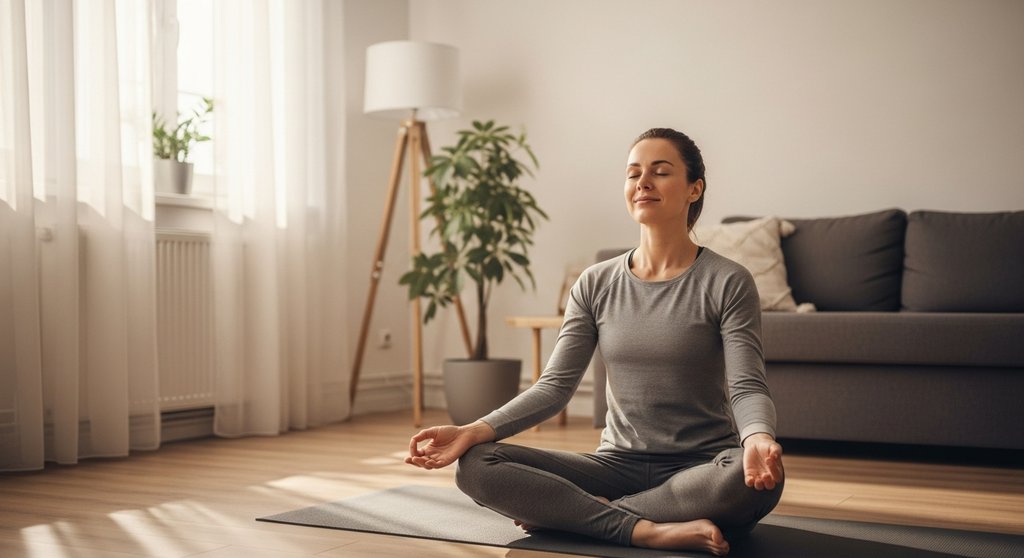 Eine Frau startet mit einer ruhigen Morgen Yoga Einheit entspannt in den Tag. Eine Frau startet mit einer ruhigen Morgen Yoga Einheit entspannt in den Tag.