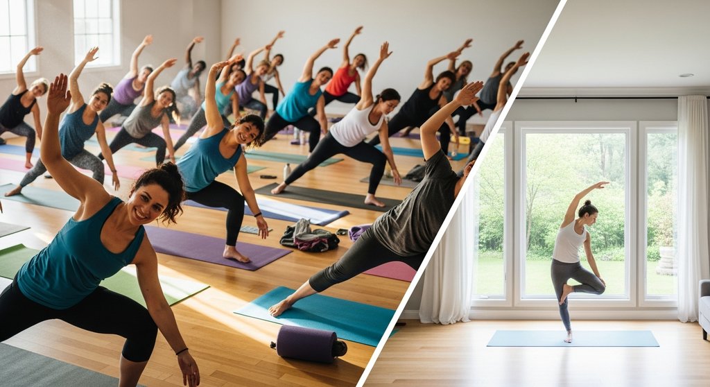 Eine Gegenüberstellung von einer vollen Yoga-Klasse im Studio und einer ruhigen Yoga-Praxis zu Hause. Eine Gegenüberstellung von einer vollen Yoga-Klasse im Studio und einer ruhigen Yoga-Praxis zu Hause.