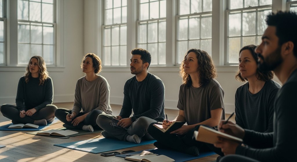Eine Gruppe von angehenden Yogalehrern sitzt in einer Ausbildung und hört aufmerksam zu. Eine Gruppe von angehenden Yogalehrern sitzt in einer Ausbildung und hört aufmerksam zu.