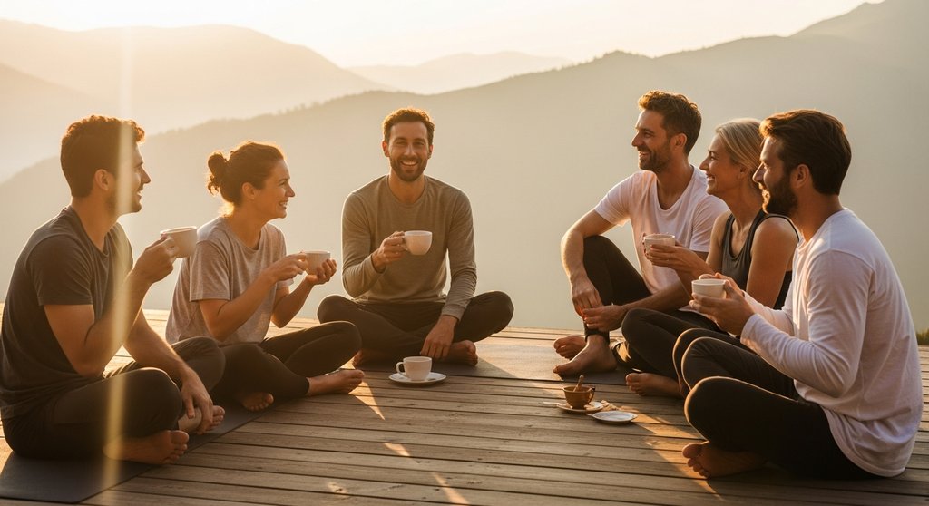 Eine Gruppe von Menschen entspannt sich nach dem Yoga bei einem Tee während ihres Yoga Wochenendes in den Bergen.