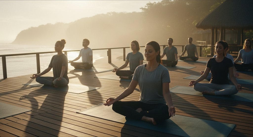 Eine Gruppe von Menschen praktiziert bei Sonnenaufgang Yoga in einem Yoga Urlaub am Meer.