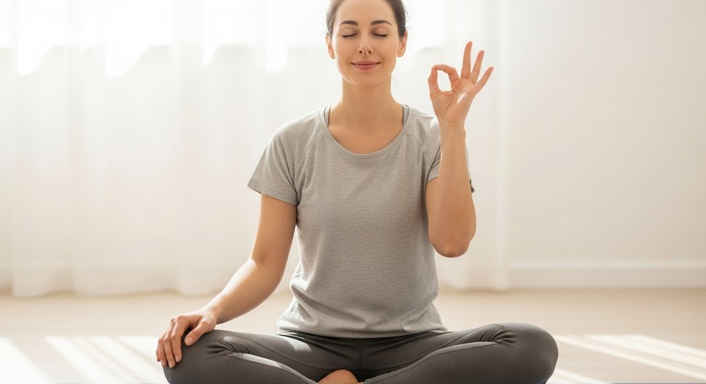 Eine junge Frau praktiziert Pranayama für Anfänger und führt eine Atemübung für innere Ruhe durch.