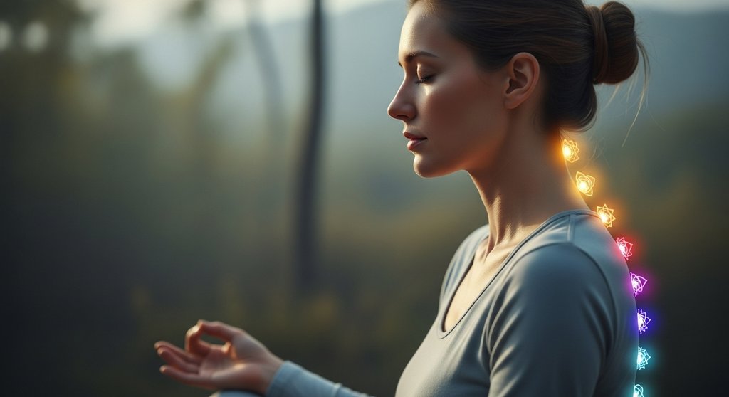 Eine meditierende Frau mit leuchtenden Chakra-Punkten entlang ihrer Wirbelsäule.