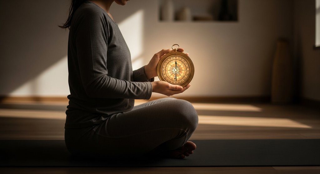 Eine Person hält einen leuchtenden Kompass in den Händen als Symbol für die Yamas als ethischer Leitfaden im Yoga.