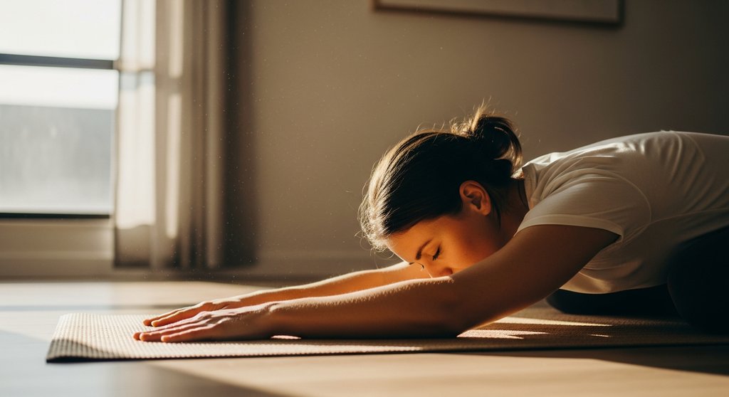 Eine Person in einer entspannten Yoga-Pose, umgeben von warmem Licht, symbolisiert die Kraft von Yoga Zitaten für innere Ruhe. Eine Person in einer entspannten Yoga-Pose, umgeben von warmem Licht, symbolisiert die Kraft von Yoga Zitaten für innere Ruhe.