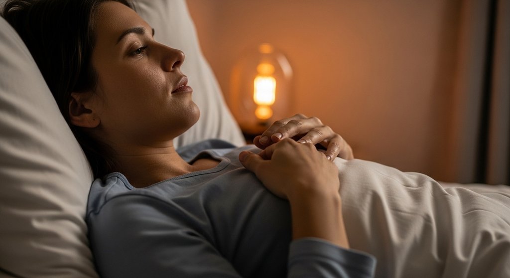 Eine Person liegt entspannt im Bett und nutzt Atemübungen zum Einschlafen. Eine Person liegt entspannt im Bett und nutzt Atemübungen zum Einschlafen.