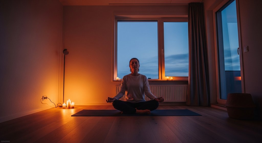 Eine Person praktiziert Abend Yoga in einem ruhigen Raum, um zu entspannen. Eine Person praktiziert Abend Yoga in einem ruhigen Raum, um zu entspannen.