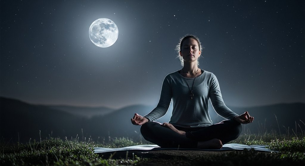 Eine Person praktiziert Chandra Bhedana Pranayama, die Mondatmung, unter dem Vollmond für innere Ruhe. Eine Person praktiziert Chandra Bhedana Pranayama, die Mondatmung, unter dem Vollmond für innere Ruhe.
