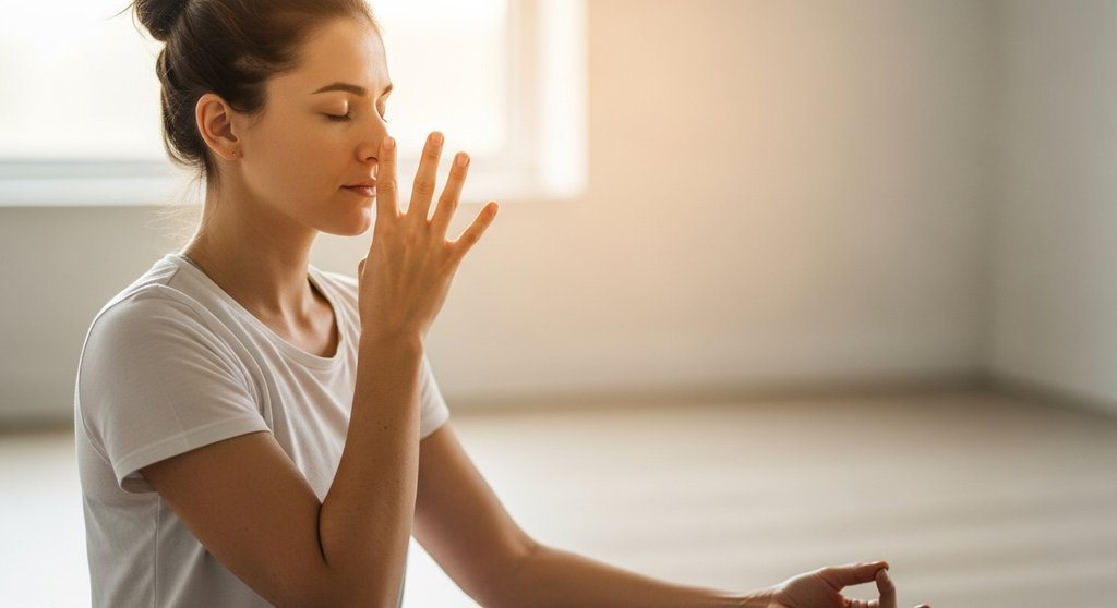 Eine Person praktiziert die Wechselatmung (Nadi Shodana) im Yoga für innere Balance. Eine Person praktiziert die Wechselatmung (Nadi Shodana) im Yoga für innere Balance.