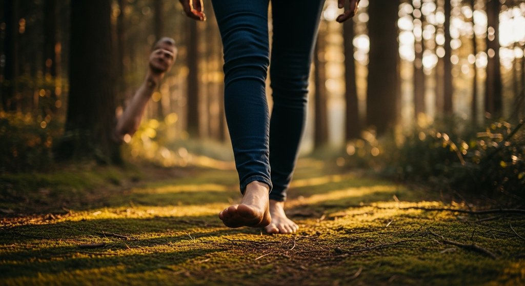 Eine Person praktiziert Gehmeditation barfuß auf einem weichen Waldweg.