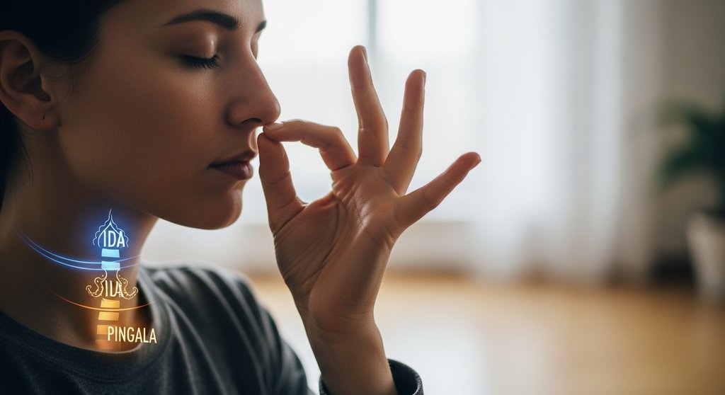 Eine Person praktiziert Nadi Shodana, die Yoga Wechselatmung, für innere Balance.