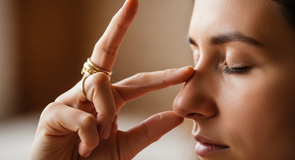 Eine Person praktiziert Nadi Shodana (Wechselatmung) mit der korrekten Handhaltung für innere Ruhe.