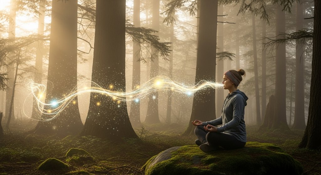 Eine Person praktiziert Pranayama Arten zur Lenkung der Lebensenergie im Yoga.