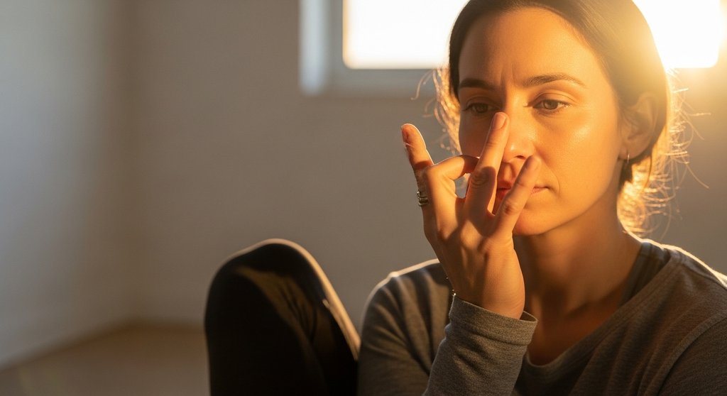 Eine Person praktiziert Surya Bhedana Pranayama, die Sonnenatmung, im morgendlichen Sonnenlicht. Eine Person praktiziert Surya Bhedana Pranayama, die Sonnenatmung, im morgendlichen Sonnenlicht.