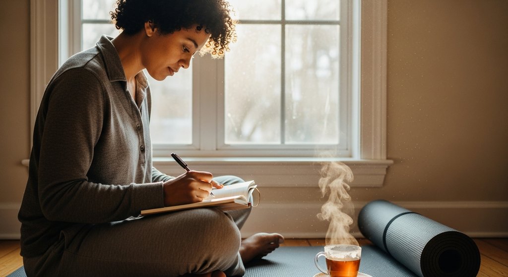 Eine Person praktiziert Svadhyaya (Selbststudium) und schreibt neben ihrer Yogamatte in ein Journal.