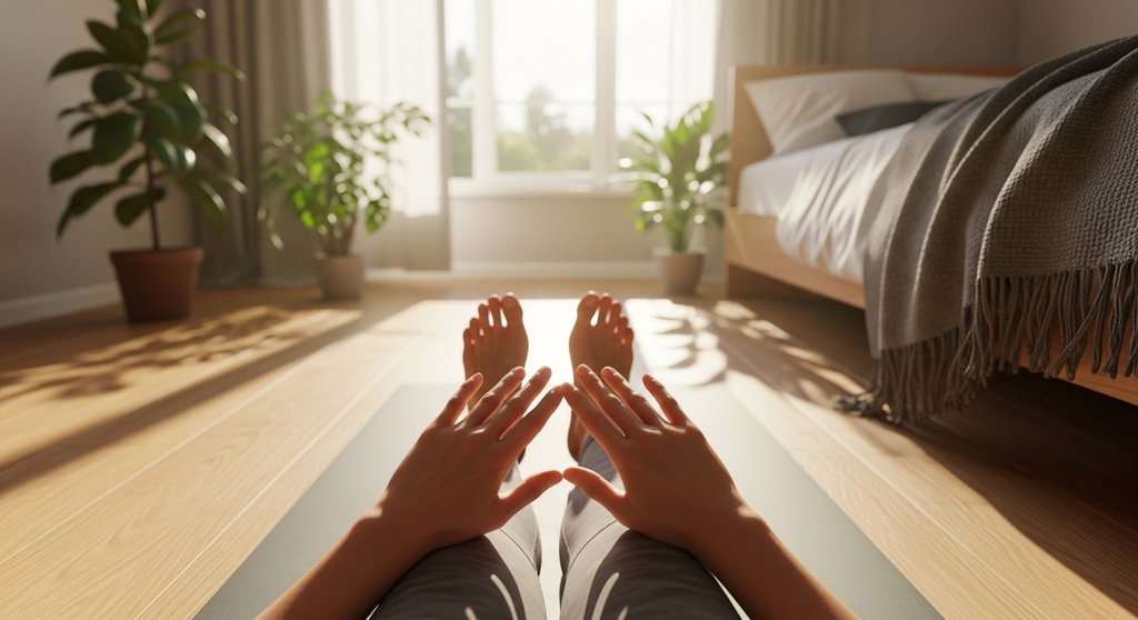 Eine Person praktiziert Yoga zum Aufwachen in einem sonnigen Raum für mehr Energie.