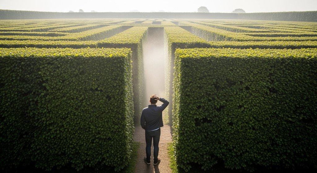 Eine Person steht unentschlossen vor einem Labyrinth, als Symbol für Entscheidungsschwäche bei blockiertem Nabelchakra.