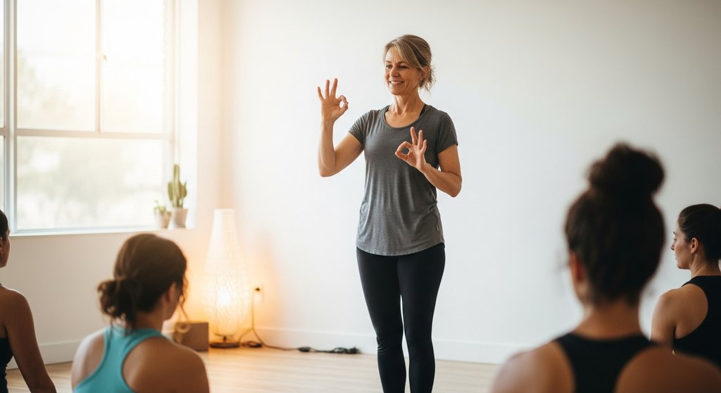 Eine Yogalehrerin unterrichtet eine kleine Gruppe in einem hellen Yoga-Studio. Eine Yogalehrerin unterrichtet eine kleine Gruppe in einem hellen Yoga-Studio.