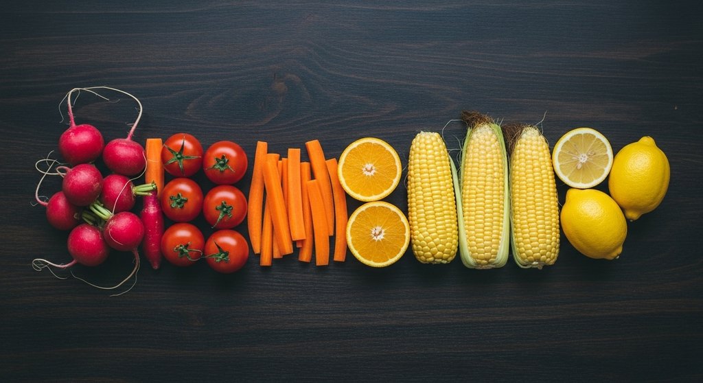 Farbenfrohe Lebensmittel für die Chakra-Ernährung von Rot bis Gelb aufgereiht.