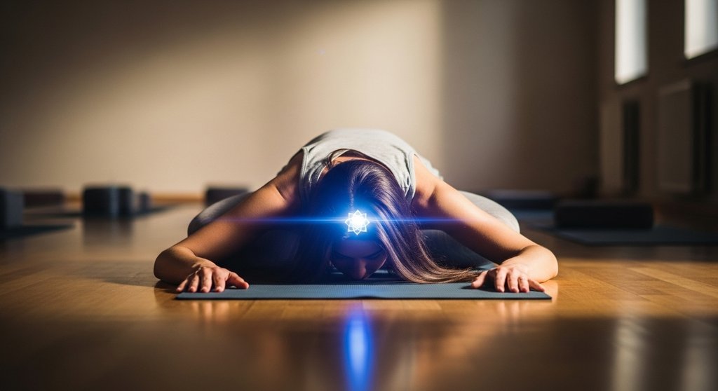 Frau in der Yoga-Pose Balasana zur Aktivierung und Heilung des Stirnchakras.