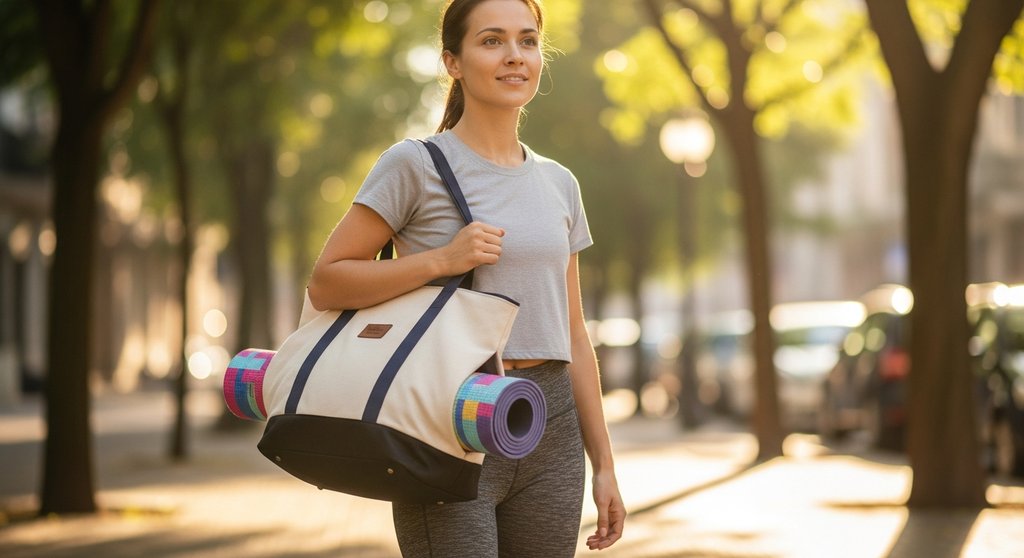 Frau mit stylischer Yoga Tasche auf dem Weg zum Yoga Studio.