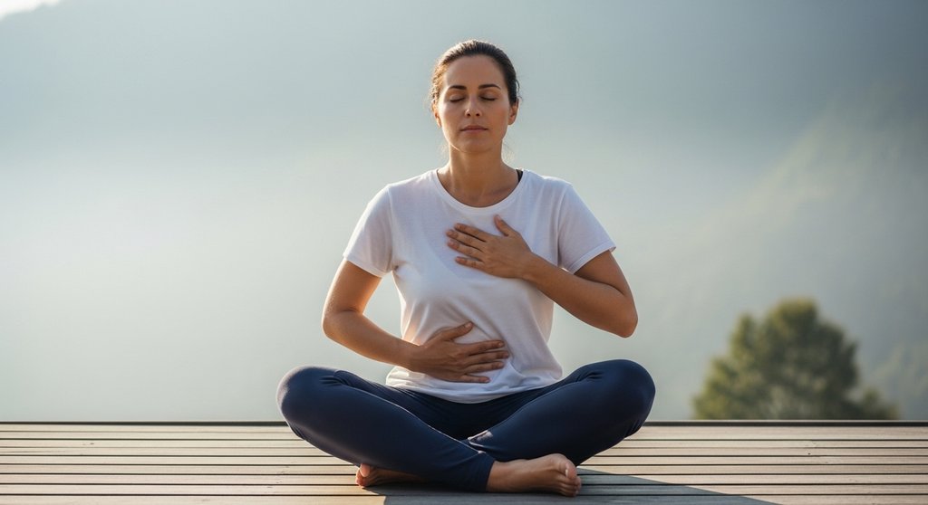 Frau praktiziert Atemübungen für die Lunge in der Natur Frau praktiziert Atemübungen für die Lunge in der Natur