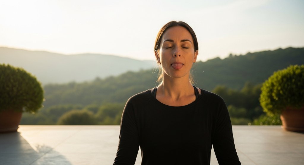 Frau praktiziert die kühlende Atemübung Sitali Pranayama in der Natur.