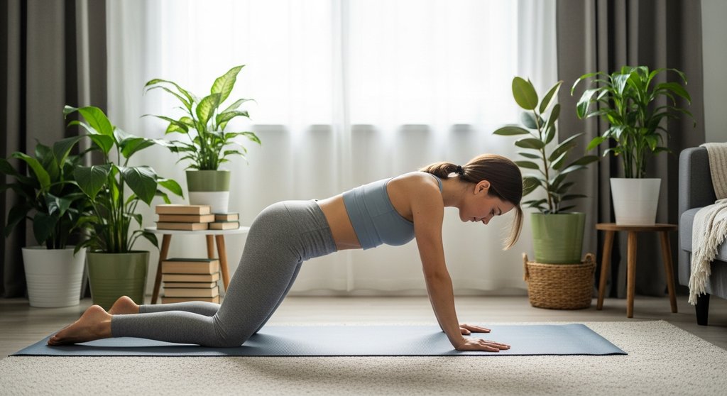 Frau praktiziert eine einfache Yoga Flow Sequenz für Anfänger zu Hause.