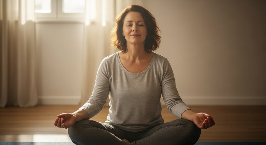 Frau praktiziert Metta Meditation und empfindet inneren Frieden und Selbstliebe.